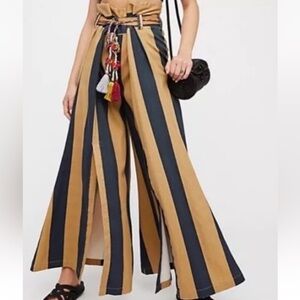 Free People Marjorie Pant Striped Paperbag High Waist Boho Belt Slit Flare XS